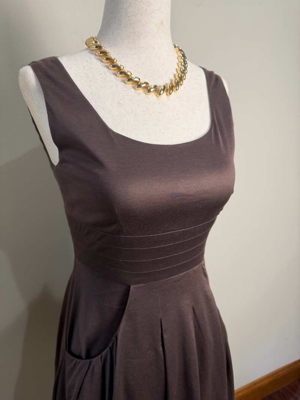 FENDI Brown Satin Dress Fit Flare Pleated Waist Mini Size 38 XS Italy